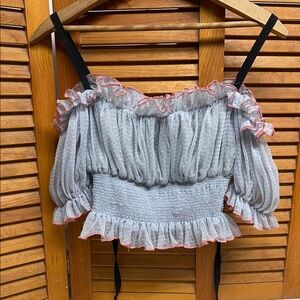 Elegant Gray and Pink Ruffled Blouse